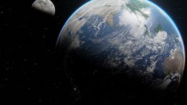 史诗般的月球在地球轨道上飞行的镜头。用月球卫星动态观测夜间地球.3D数码艺术，4k镜头
